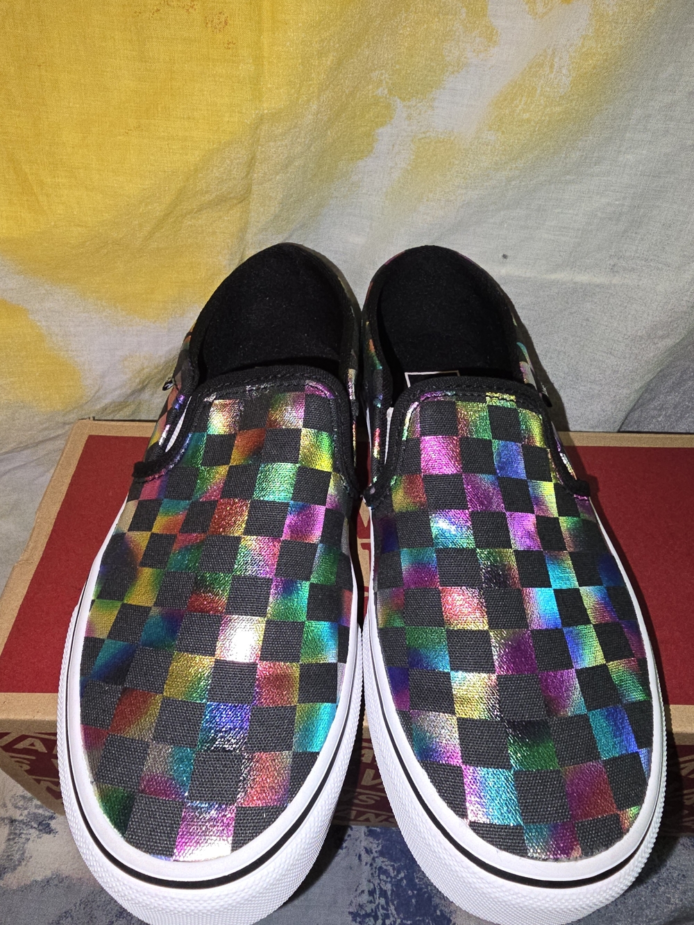 Vans Black Multi Iridescent Checkerboard Slip-On Sneakers Size 6